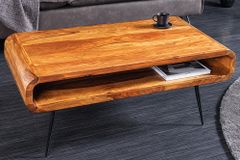 Massivholz Couchtisch ALPHA 90cm braun Sheesham stone finish Metallbeine mit Stauraum