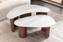 2er Set Couchtische OSAKA 120cm weiß Marmor Keramik Walnuss