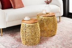 2er Set Filigraner Design Couchtisch ABSTRACT LEAF gold Akazienholz Handarbeit Metall rund