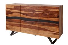 Massivholz Sideboard AMAZONAS 150cm braun Sheesham Baumkante schwarzes Metallgestell