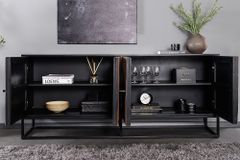 Massives Sideboard BARRACUDA 180cm braun Mangoholz mit Teakholz-Front schwarz Metall