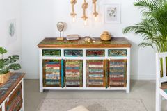 Einzigartiges Sideboard JAKARTA 160cm weiß bunt recyceltes Massivholz aus Fischerbooten