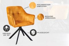 Design Stuhl LOFT senfgelb Samt drehbar Metallgestell schwarz mit Armlehne