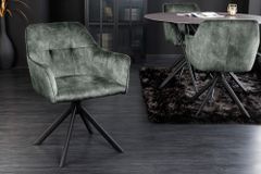 Design Stuhl LOFT grün Samt drehbar Metallgestell schwarz mit Armlehne