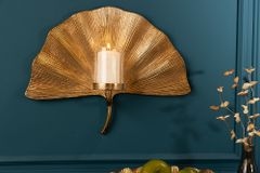 Dekorativer Kerzenhalter GINKGO 44cm gold handmade Metall Wandteelicht