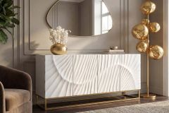 Massives Sideboard SCORPION 180cm weiß Mangoholz gold Metall 3D-Schnitzereien