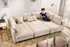 XXL Wohnlandschaft KENT 305cm champagner beige Vogue Velours Samt Federkern mit Hocker