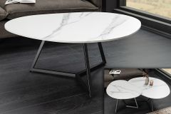 Design Couchtisch MARVELOUS 90cm weiß Marmor Keramik schwarzes Metall