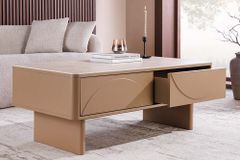 Design Couchtisch SAVOY 120cm grau beige greige Keramik Travertin mit Schublade