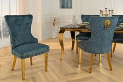 Barock Stuhl CASTLE DELUXE petrol Samt gold Edelstahl mit Löwenkopf Ziernieten
