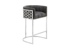 Stilvoller Barhocker ELEGANCE grau Samt silber Edelstahl mit Armlehne und Fußablage
