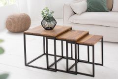 3er Set Beistelltisch ELEMENTS 40cm braun Sheesham Massivholz stone finish Metall