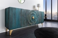 Handgearbeitetes Sideboard GOLDEN SUNSET 180cm türkis gold Mangoholz Metallbeine