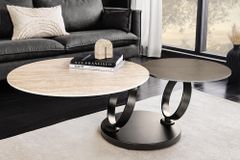 Design Couchtisch DANCING RINGS rost rund drehbar Travertin Keramik schwarz Gestell