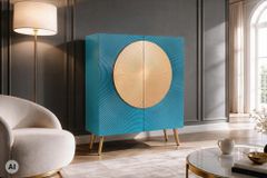 Massives Highboard AURUM 120cm türkis Mangoholz mit ikonischem Gold-Element