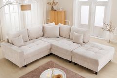 Modernes Ecksofa KENT 220cm champagner beige Chenille Cremona Federkern Wohnlandschaft mit Hocker