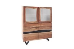 Massives Highboard AMAZONAS 140cm Akazie Metall Vitrine Baumkante