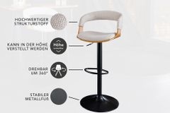 Retro Barhocker MANHATTAN beige Strukturstoff Eschenholz drehbar höhenverstellbar