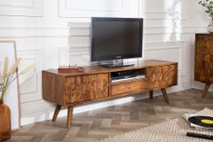 Massives TV-Board MYSTIC LIVING 140cm braun Sheesham Massivholz stone finish 3D -Front
