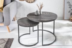 Industrial 2er Set Beistelltische ELEMENTS 60cm grau Mangoholz massiv rund schwarz Metall