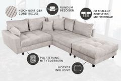 Modernes Ecksofa KENT 220cm beige Cord inkl. Hocker Federkern L-Form Wohnlandschaft