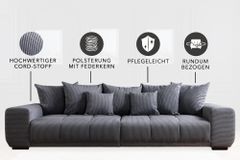 Modernes XXL Sofa ELEGANCIA 285cm anthrazit Cord inklusive Kissen Bigsofa