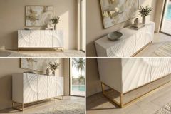 Massives Sideboard SCORPION 180cm weiß Mangoholz gold Metall 3D-Schnitzereien