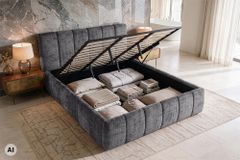 Design Boxbett ADLON 180x200cm grau Chenille mit Stauraum und Lattenrost