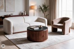 Runder Couchtisch COFFEE TABLE GATSBY 70cm braun schwarz Mangoholz Marmor Schublade
