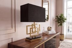 Moderne Tischleuchte ATLANTIS 56cm gold Stoffschirm schwarz Marmor Lampe