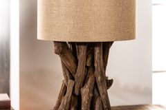 Massivholz Tischlampe HARMONY NATURE 50cm beige Teak mit Leinenschirm
