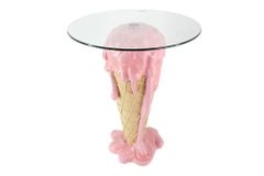 Einzigartiger Bistrotisch ICE CREAM 75cm beige rosa runde Tischplatte Glas handmade