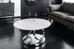 Design Couchtisch DANCING RINGS weiß rund drehbar Marmor Keramik Chrome Gestell