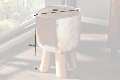 Design Sitzhocker HIDE 45cm braun weiß mit Ziegenfell und Teakholz