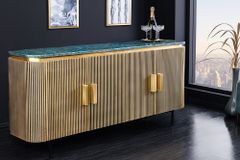 Design Sideboard VENEZIANO 160cm messing grün Marmorplatte Mangoholz Retro