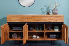 Massivholz Sideboard MAMMUT 160cm Akazie honey finish Metall Baumkante mit Schubladen