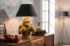 Handgefertigte Tischlampe KING APE 55cm schwarz gold Stoffschirm Affen-Skulptur