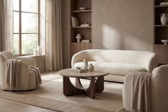 Runder Couchtisch ENSO 80cm champagner greige Travertin Keramik Walnussholz