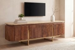 Design TV-Board GATSBY 160cm braun gold Mangoholz mit Travertin Metallgestell