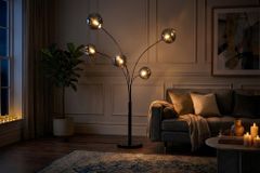 Design Stehlampe LIQUID DIAMOND 200cm schwarz smoke grau fünf Glasschirme mit Marmorfuß