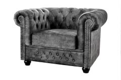 Barocker Sessel CHESTERFIELD grau Samt Federkern mit Knopfheftung