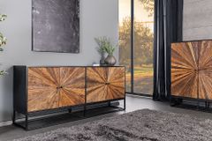 Massives Sideboard BARRACUDA 180cm braun Mangoholz mit Teakholz-Front schwarz Metall