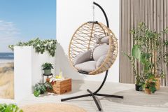 In- und Outdoor Hängesessel IBIZA natur beige Rattan mit Gestell wetterfest inkl. Kissen