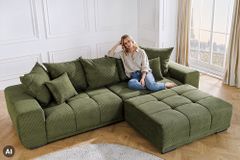 Modernes XXL Sofa ELEGANCIA 285cm grün Cord Federkern inklusive Kissen Bigsofa