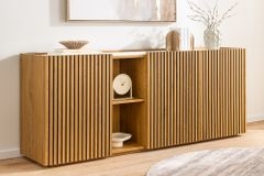 Design Sideboard VICENZA 180cm weiß Keramik natur Eiche Lamellenfront