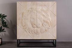 Massives Highboard LION 120cm creme Mangoholz schwarz Metall 3D Schnitzereien Kunstwerk