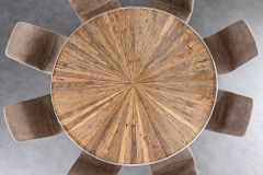 Runder Esstisch BARRACUDA 140cm braun Teak Massivholz Glas silber Edelstahl verchromt