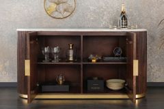 Massives Sideboard GATSBY 120cm braun Mangoholz gold Metall weiße Marmorplatte
