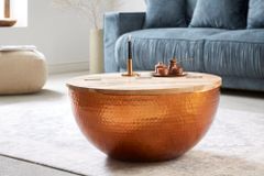 Runder Couchtisch ORIENT STORAGE 60cm kupfer Hammerschlag handmade Akazienholz mit Stauraum