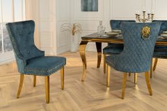 Barock Stuhl CASTLE DELUXE petrol Samt gold Edelstahl mit Löwenkopf Ziernieten